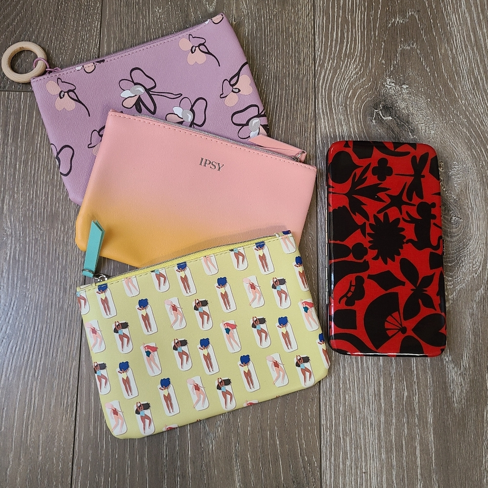 New Clutch Red Floral Wallet and Ipsy Floral and Abstract Cosmetic Bags Pouches